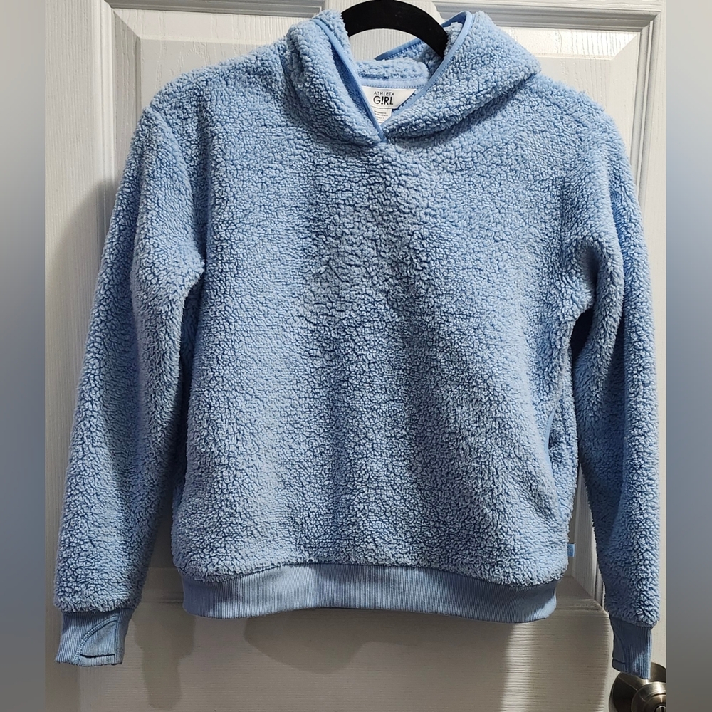 Athleta Girl cozy blue teddy sherpa hoodie pullover kangaroo pocket size L 12